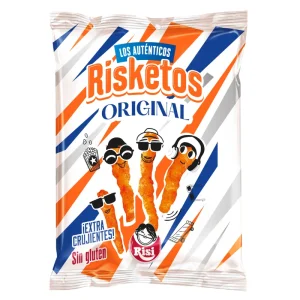 Bolsa de Risketos de Risi, snacks de maíz horneado con sabor intenso a queso, producto sin gluten de color naranja vibrante.
