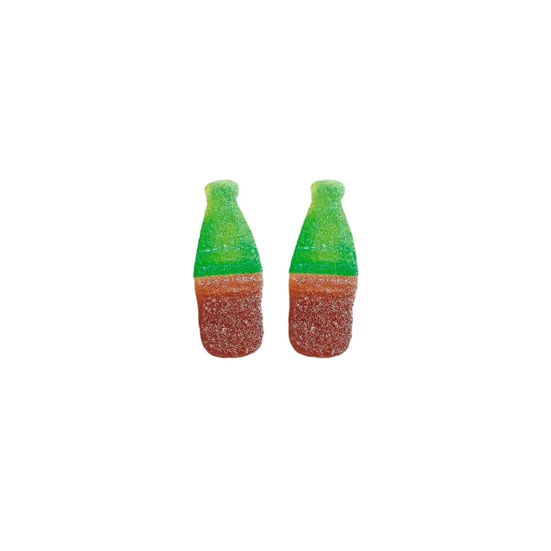 Gominolas brillantes con la forma clásica de una botella de refresco en tonos marrones y transparentes sabor cola