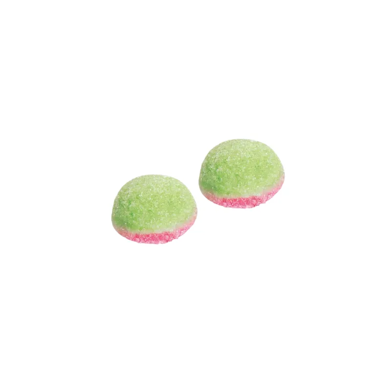 Gominolas con forma de sandías en colores verde y rojo con un tierno y jugoso relleno líquido frutal en su interior