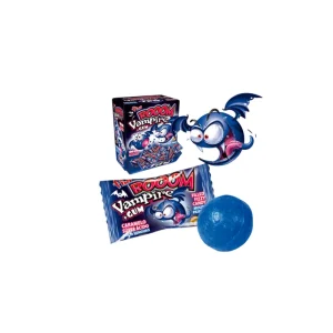 Chicle Booom Vampire de Fini de color azul con relleno líquido ácido y efecto pinta-lenguas, envuelto individualmente y sin gluten para fiestas temáticas