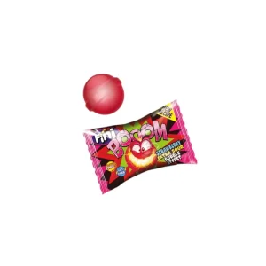 Chicle Fini Boom sabor fresa con relleno líquido ácido, envuelto individualmente con diseño de bomba explosiva